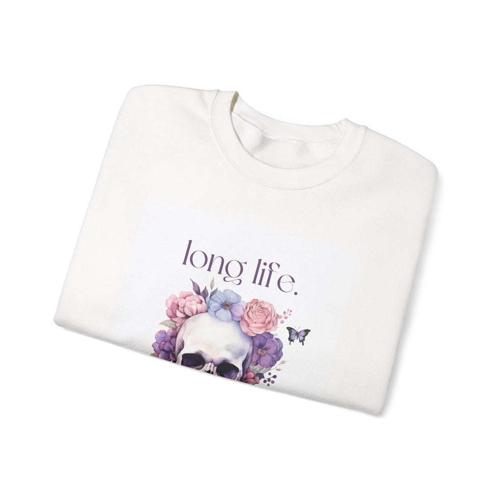 Crewneck Sweatshirt — "Long Life." Floral Skull Graphic Pullover