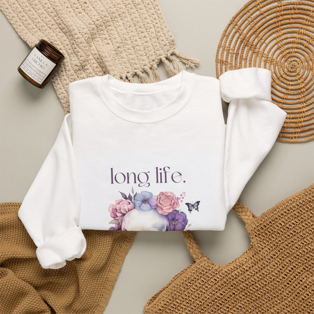 Crewneck Sweatshirt — "Long Life." Floral Skull Graphic Pullover