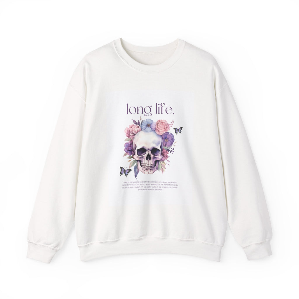 Crewneck Sweatshirt — "Long Life." Floral Skull Graphic Pullover