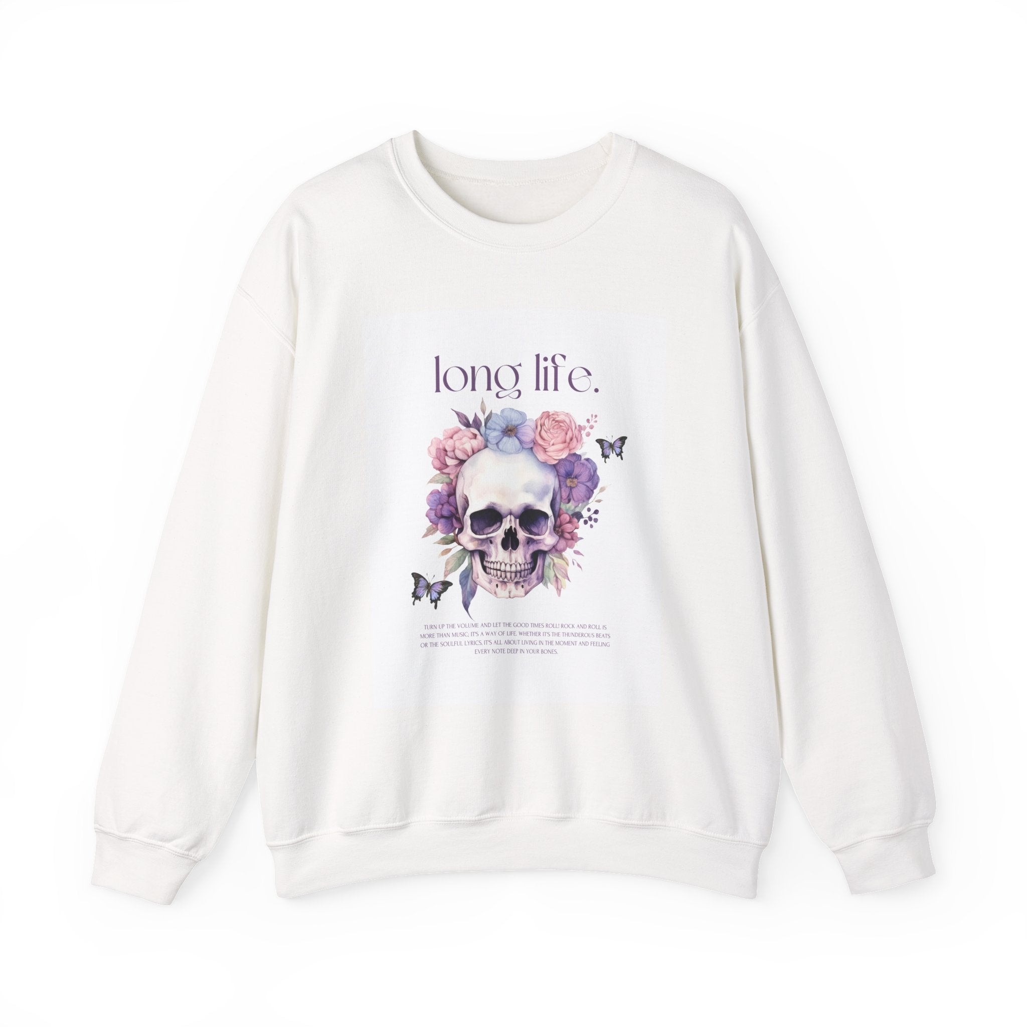 Crewneck Sweatshirt — "Long Life." Floral Skull Graphic Pullover