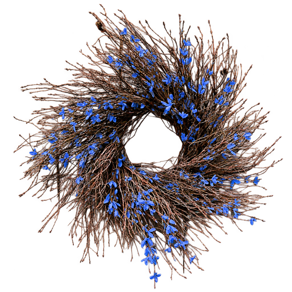 Blue-flower twig wreath with transparent background