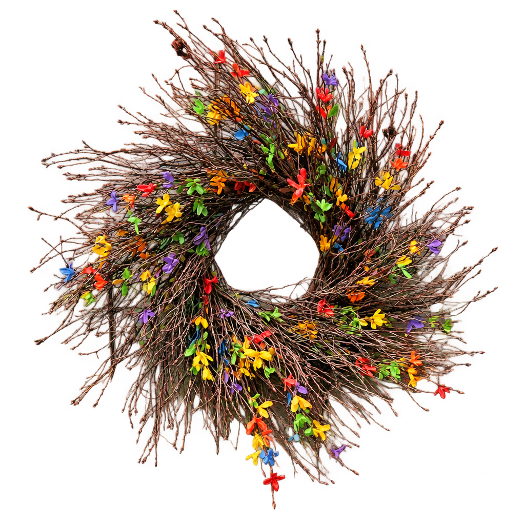 Rainbow-flower twig wreath with transparent background