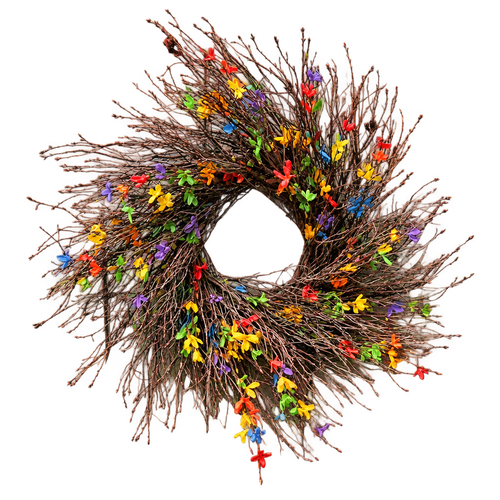 Rainbow-flower twig wreath with transparent background